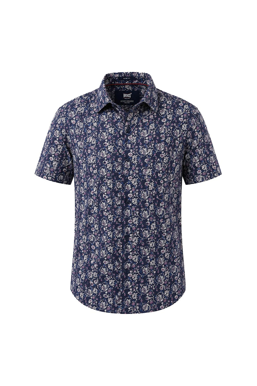 BASICS SLIM FIT SPACE NAVY COTTON LINEN PRINTED HALFSLEEVES SHIRT