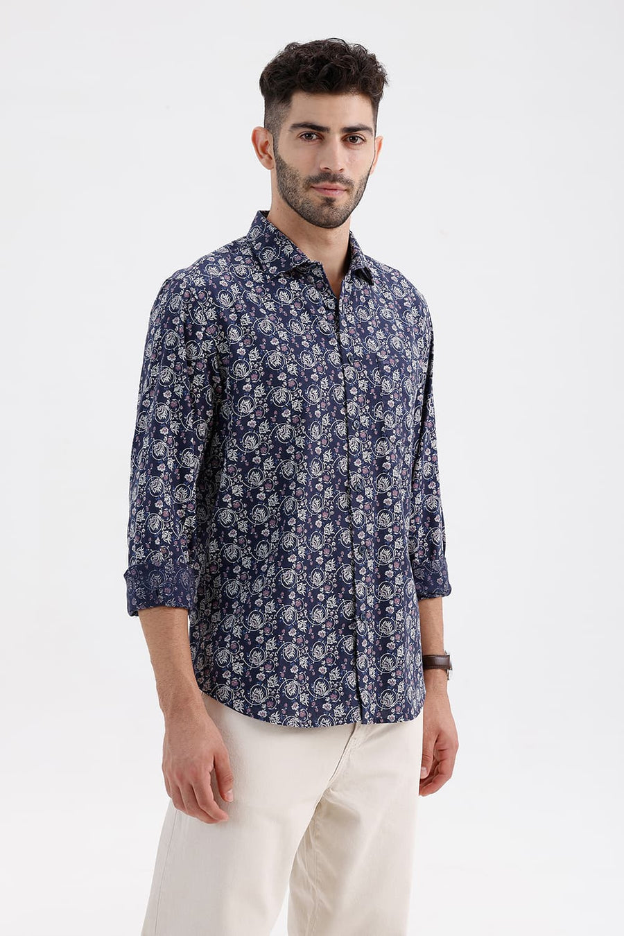 BASICS SLIM FIT SPACE NAVY COTTON LINEN PRINTED SHIRT