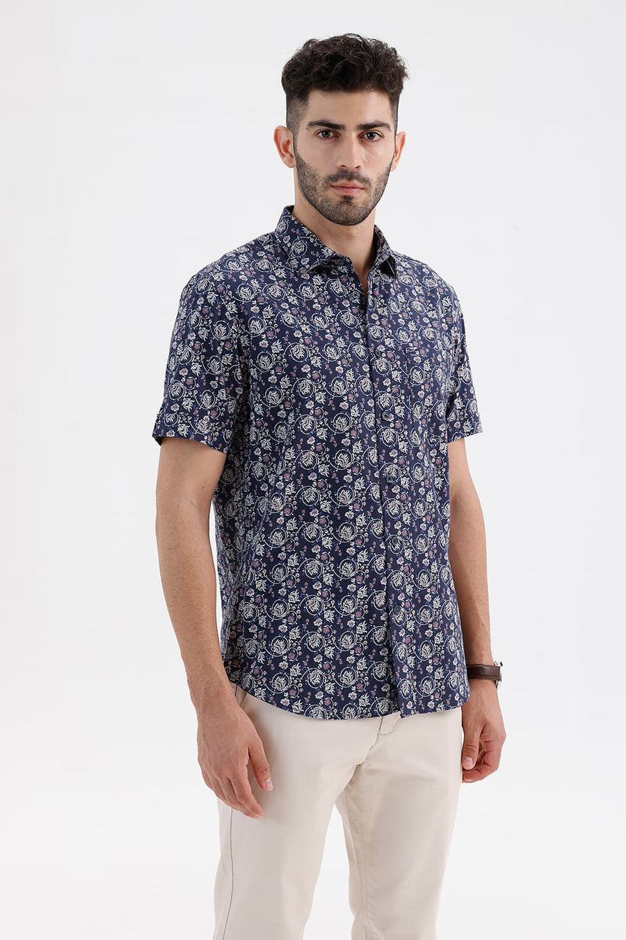 BASICS SLIM FIT SPACE NAVY COTTON LINEN PRINTED HALFSLEEVES SHIRT