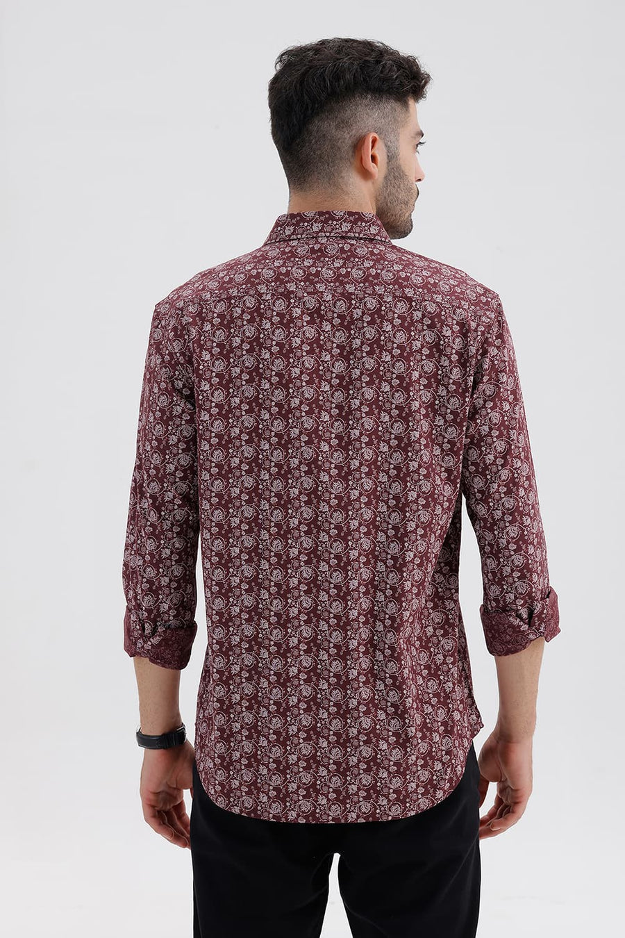 BASICS SLIM FIT MAROON RED COTTON LINEN PRINTED SHIRT