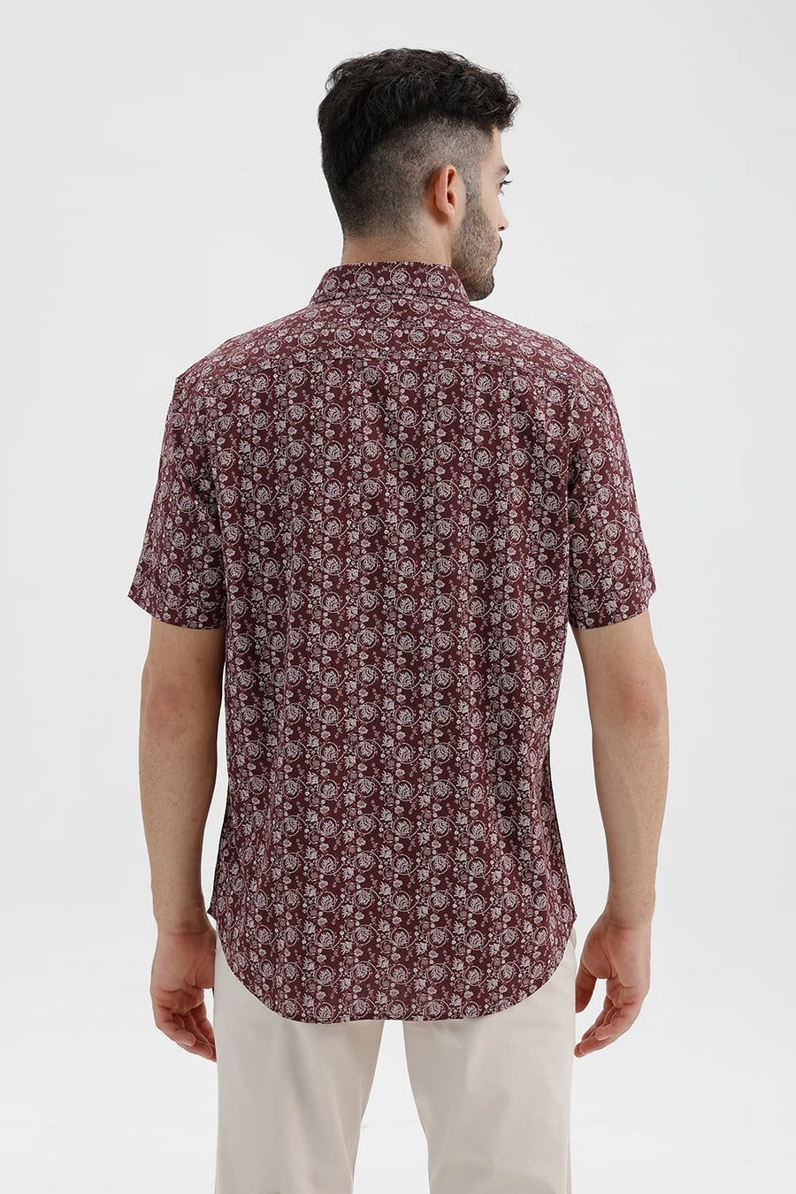 BASICS SLIM FIT MAROON RED COTTON LINEN PRINTED HALFSLEEVES SHIRT