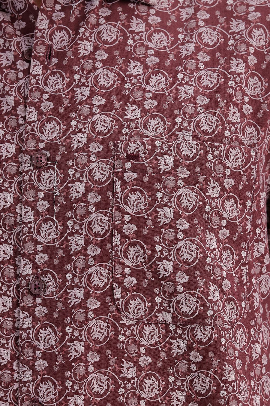 BASICS SLIM FIT MAROON RED COTTON LINEN PRINTED SHIRT
