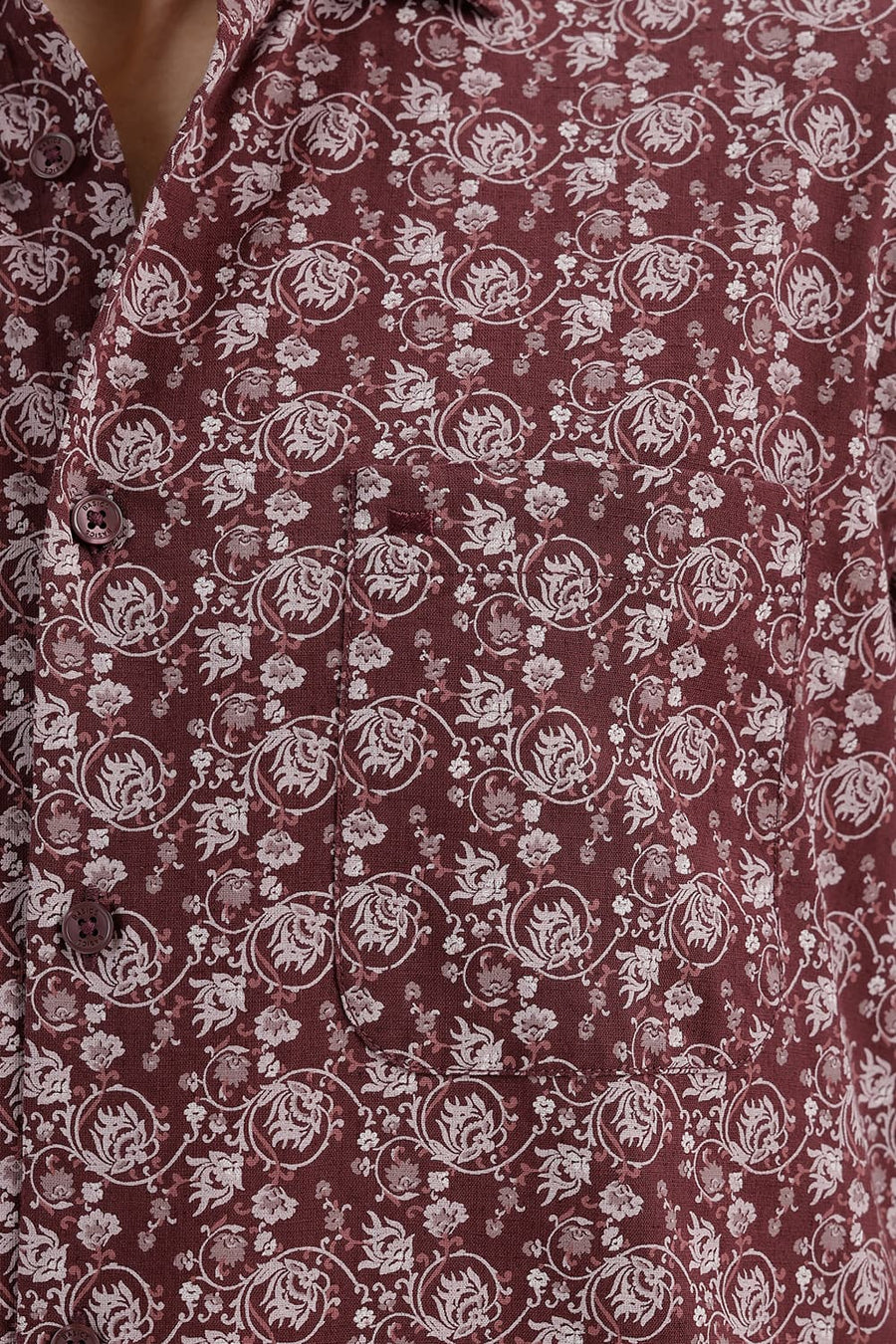 BASICS SLIM FIT MAROON RED COTTON LINEN PRINTED HALFSLEEVES SHIRT
