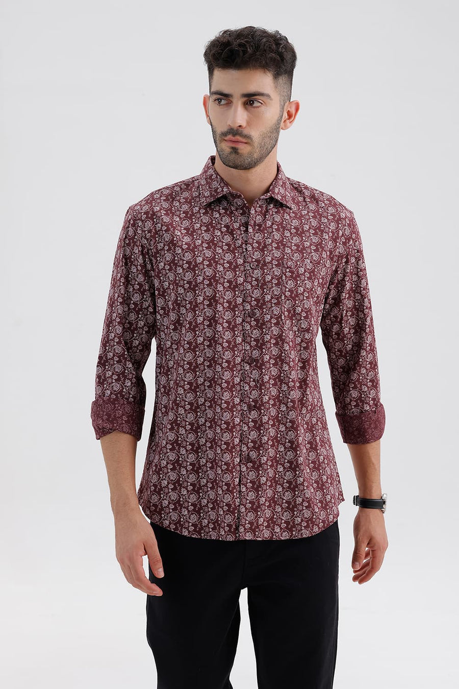 BASICS SLIM FIT MAROON RED COTTON LINEN PRINTED SHIRT