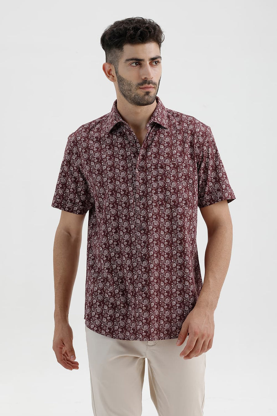 BASICS SLIM FIT MAROON RED COTTON LINEN PRINTED HALFSLEEVES SHIRT