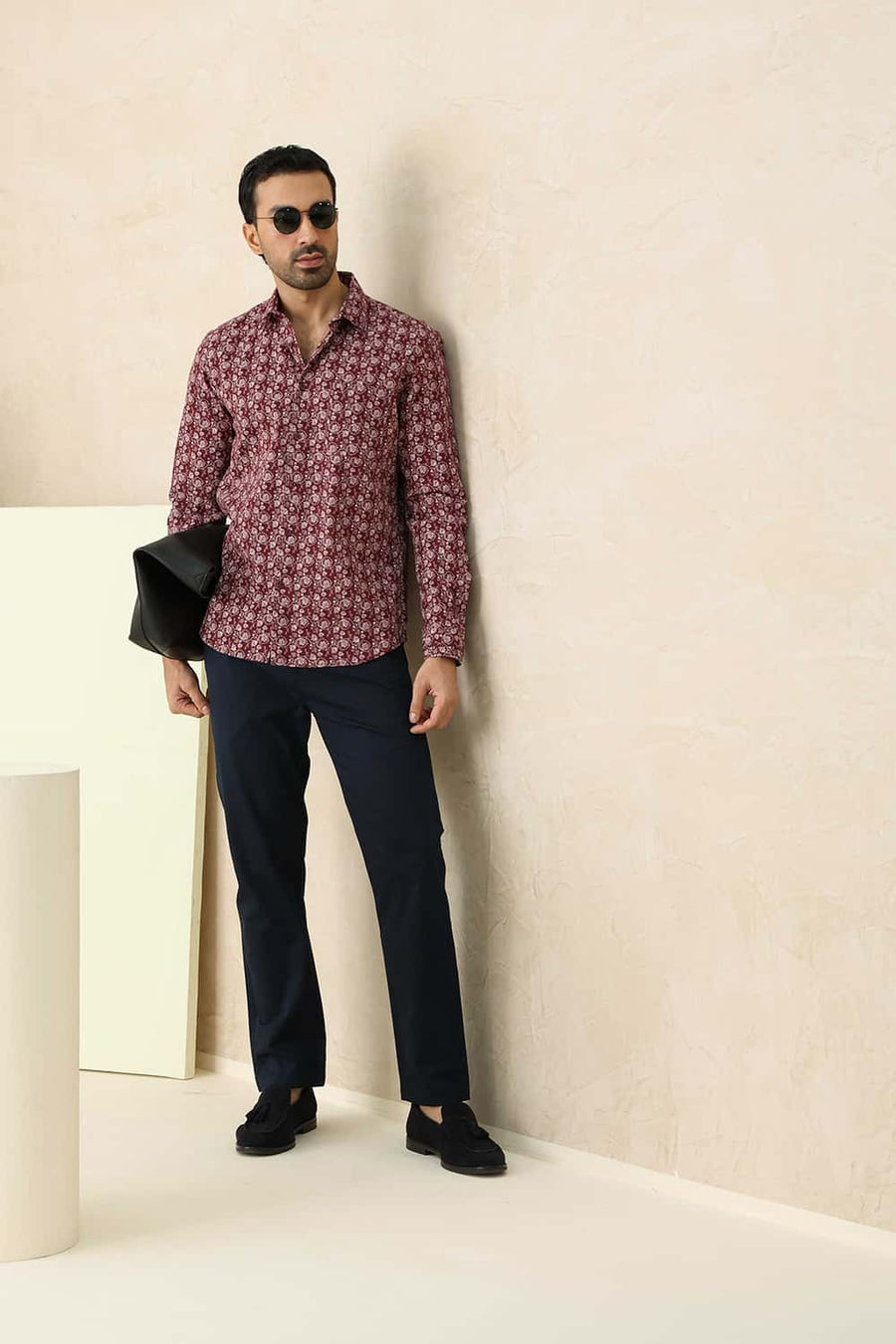 Basics Slim Fit Maroon Red Cotton Linen Printed Shirt