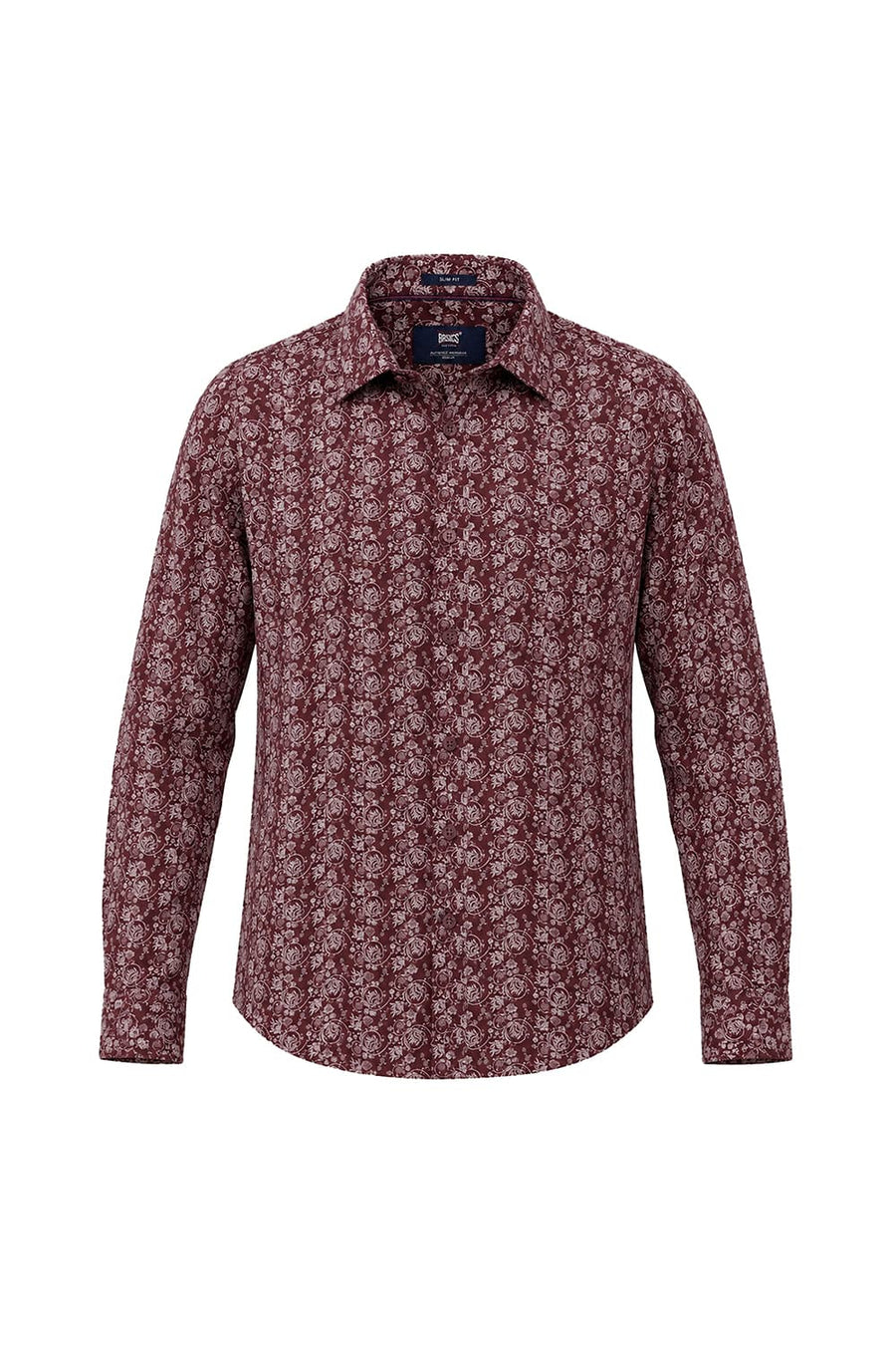 BASICS SLIM FIT MAROON RED COTTON LINEN PRINTED SHIRT