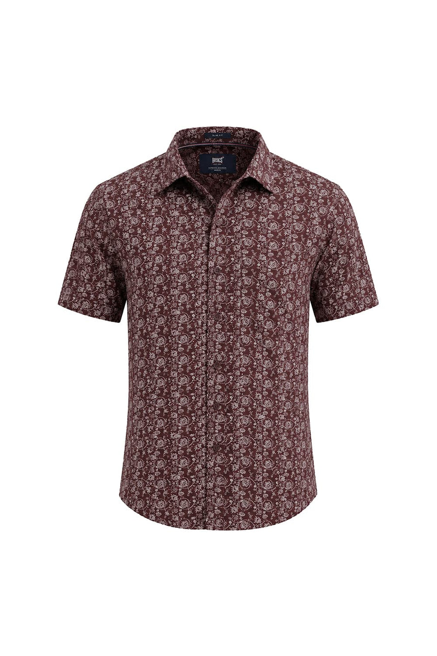 BASICS SLIM FIT MAROON RED COTTON LINEN PRINTED HALFSLEEVES SHIRT