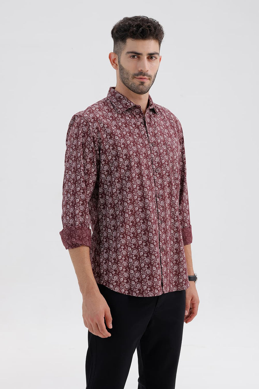 BASICS SLIM FIT MAROON RED COTTON LINEN PRINTED SHIRT
