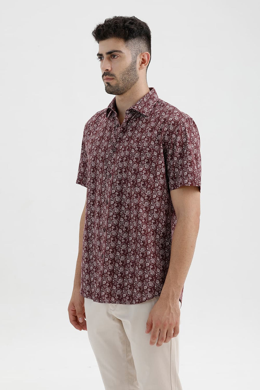 BASICS SLIM FIT MAROON RED COTTON LINEN PRINTED HALFSLEEVES SHIRT