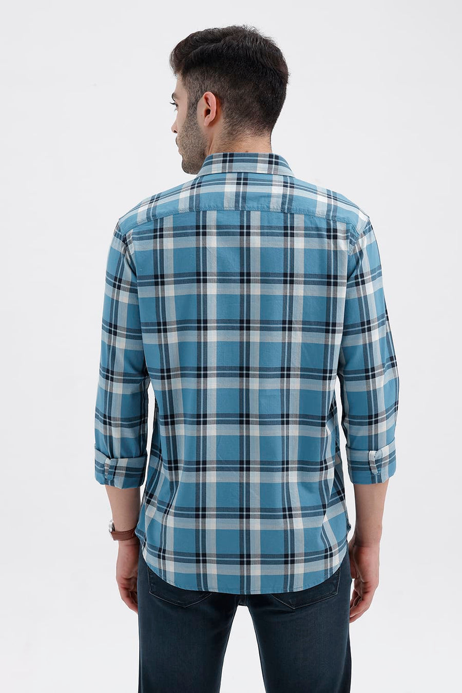 BASICS SLIM FIT BLUE MOON COTTON HERRING BONE CHECKS SHIRT