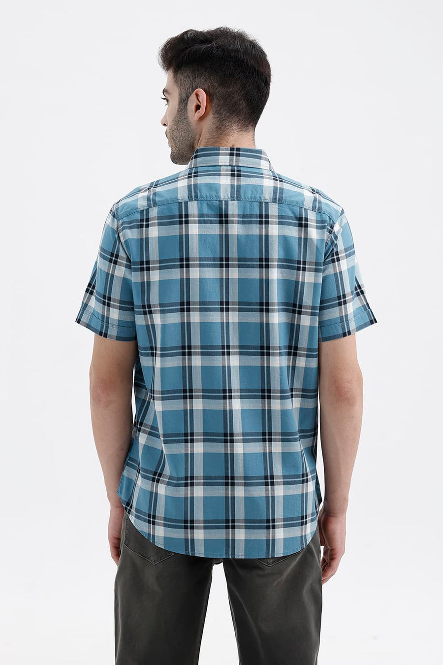 BASICS SLIM FIT BLUE MOON COTTON HERRING BONE CHECKS HALFSLEEVES SHIRT