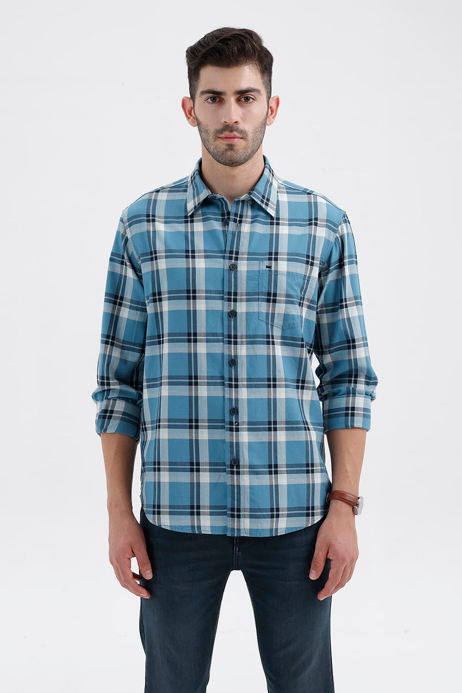 BASICS SLIM FIT BLUE MOON COTTON HERRING BONE CHECKS SHIRT