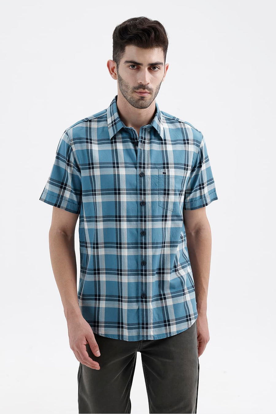 BASICS SLIM FIT BLUE MOON COTTON HERRING BONE CHECKS HALFSLEEVES SHIRT