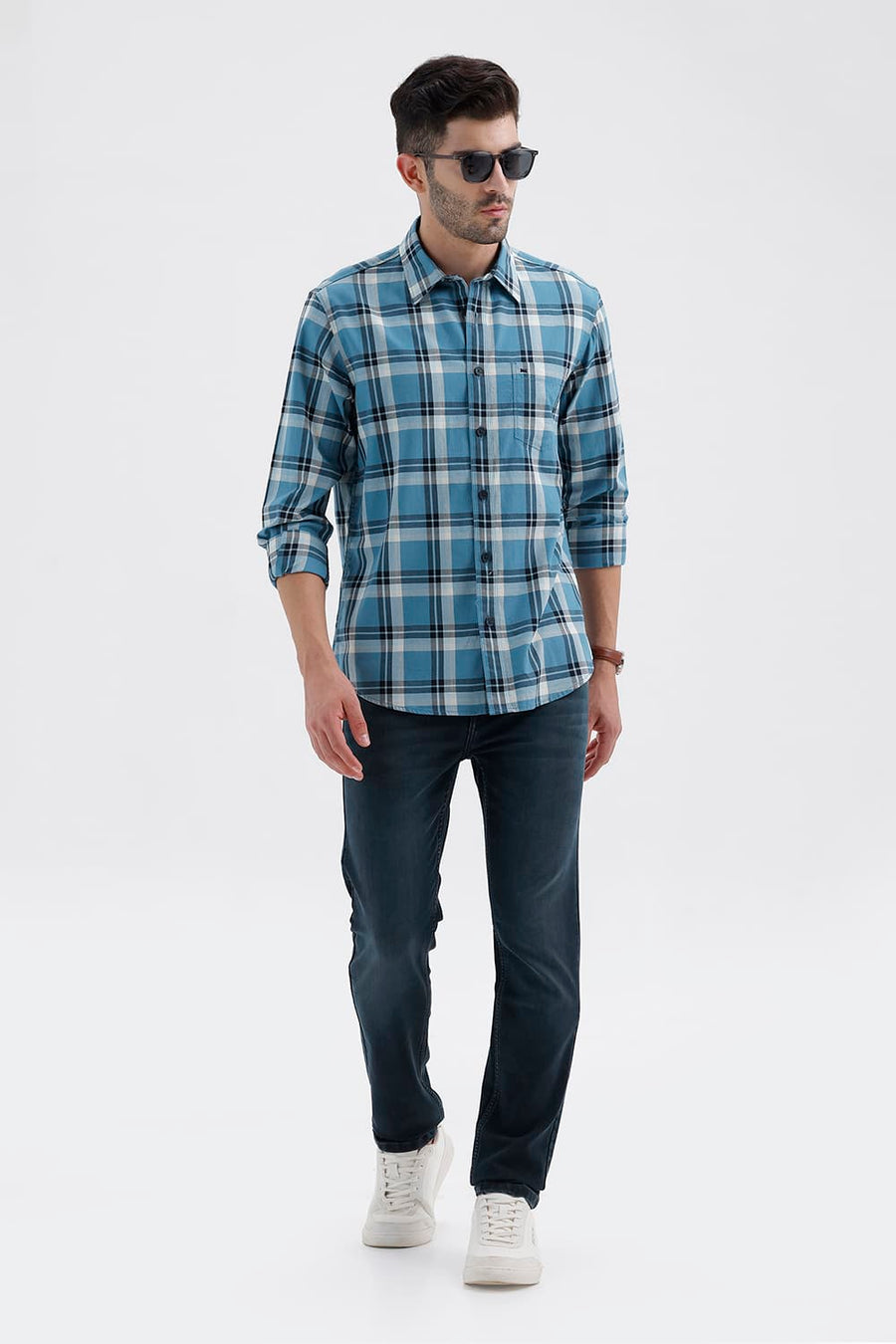 BASICS SLIM FIT BLUE MOON COTTON HERRING BONE CHECKS SHIRT