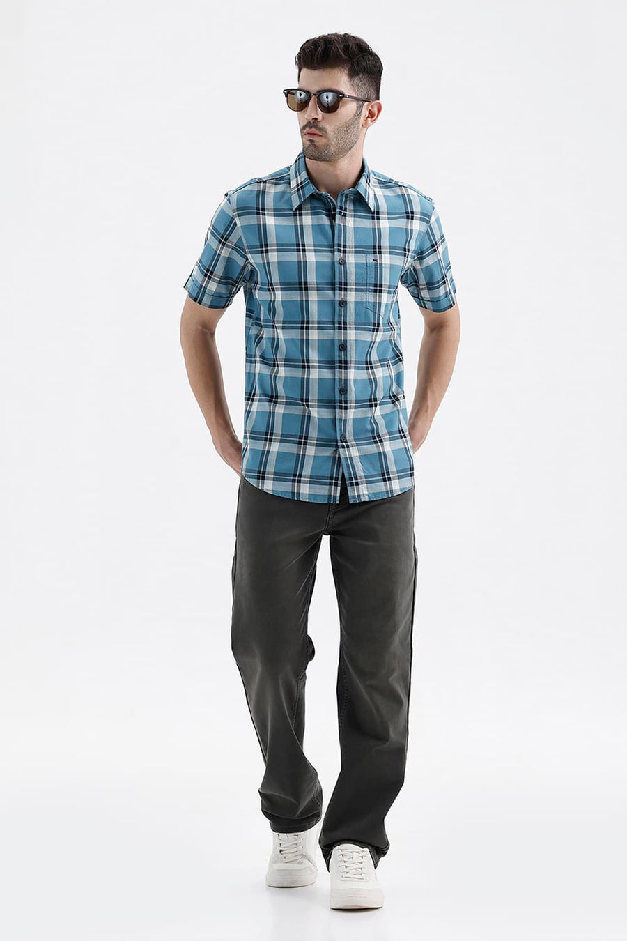 BASICS SLIM FIT BLUE MOON COTTON HERRING BONE CHECKS HALFSLEEVES SHIRT