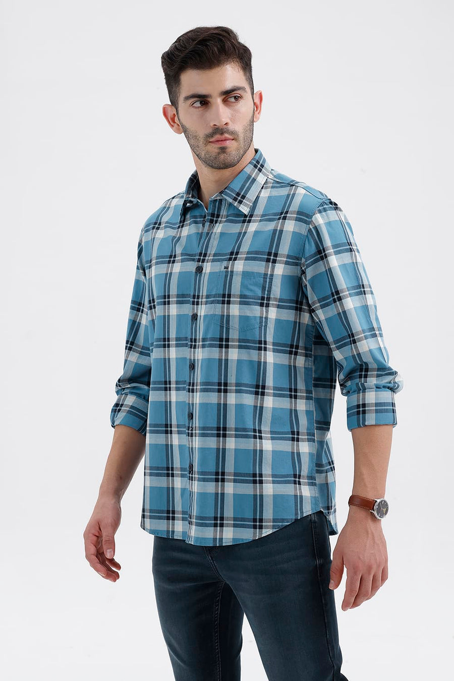 BASICS SLIM FIT BLUE MOON COTTON HERRING BONE CHECKS SHIRT