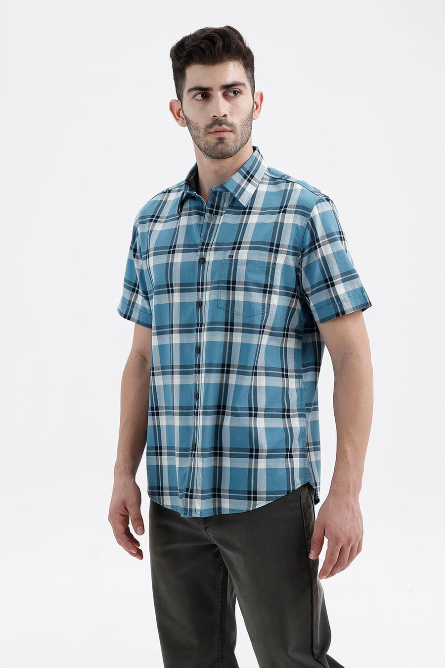 BASICS SLIM FIT BLUE MOON COTTON HERRING BONE CHECKS HALFSLEEVES SHIRT