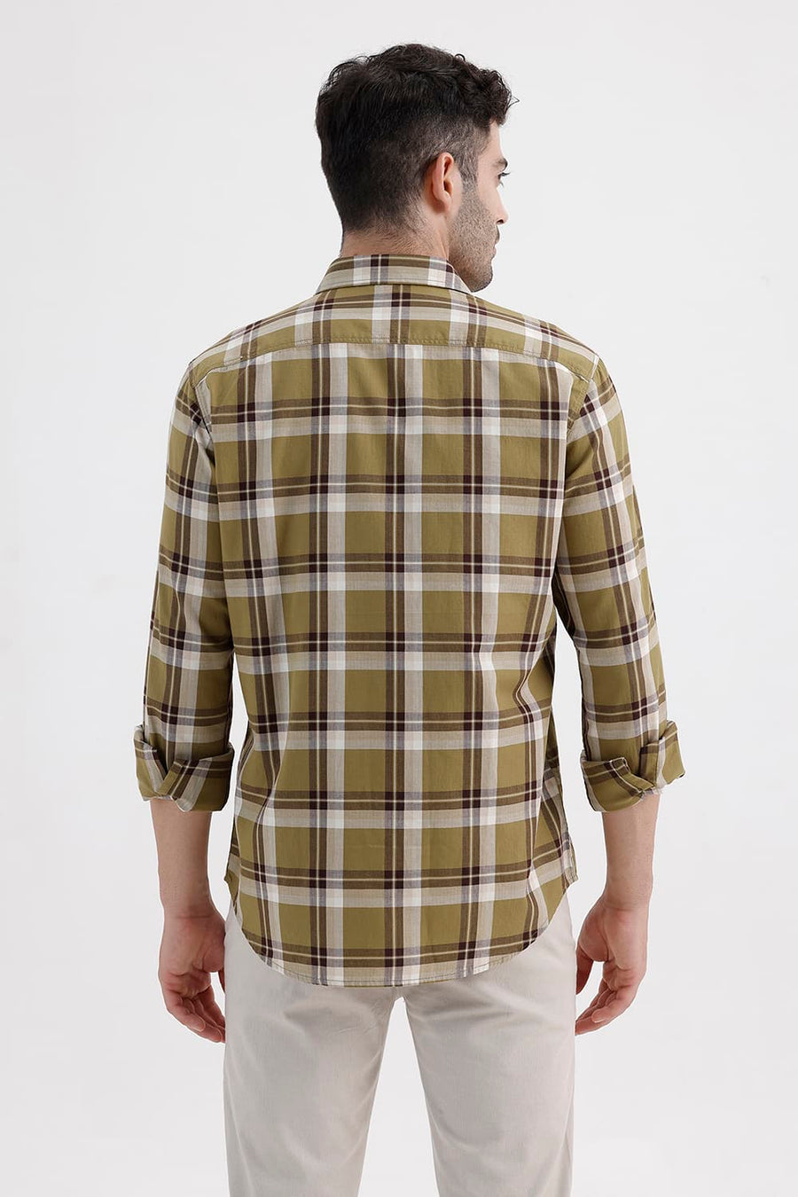 BASICS SLIM FIT ANTIQUE KHAKI COTTON HERRING BONE CHECKS SHIRT