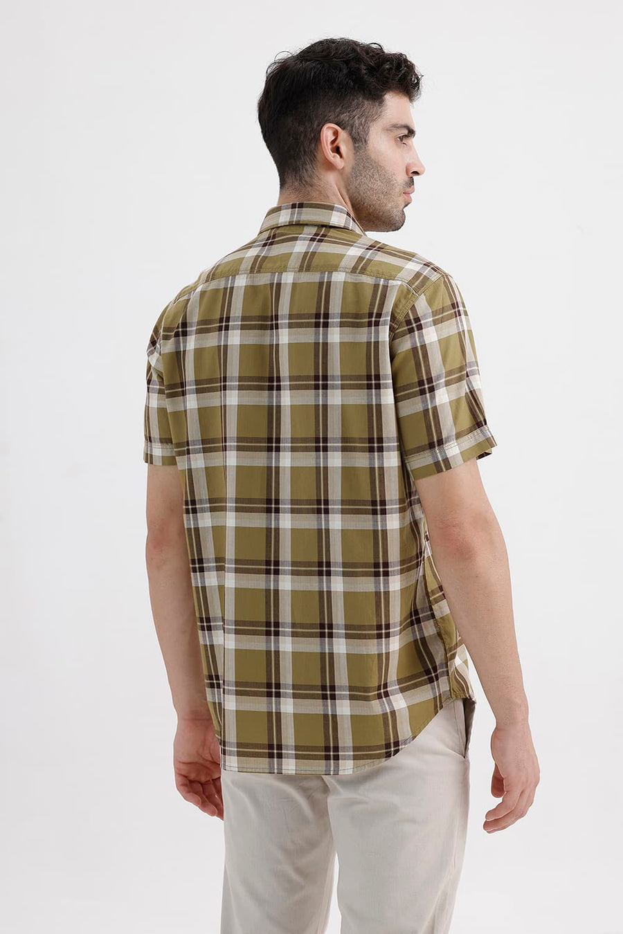 BASICS SLIM FIT ANTIQUE KHAKI COTTON HERRING BONE CHECKS HALFSLEEVES SHIRT