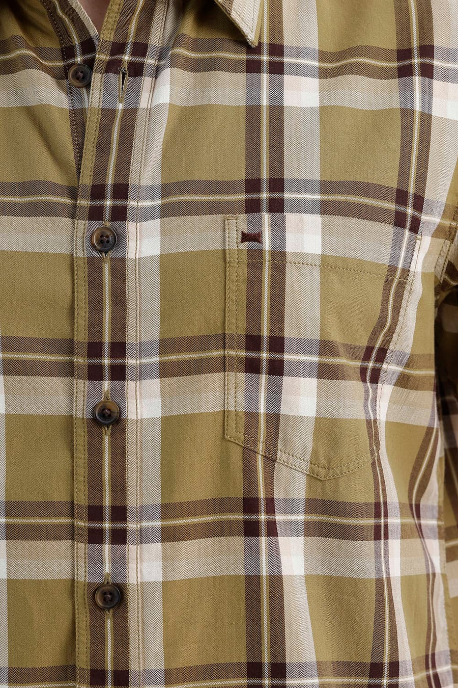 BASICS SLIM FIT ANTIQUE KHAKI COTTON HERRING BONE CHECKS HALFSLEEVES SHIRT