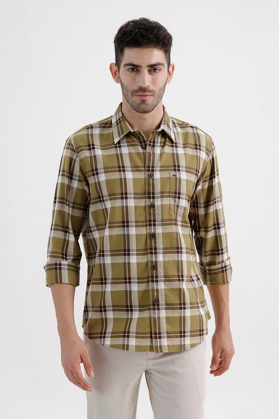 BASICS SLIM FIT ANTIQUE KHAKI COTTON HERRING BONE CHECKS SHIRT