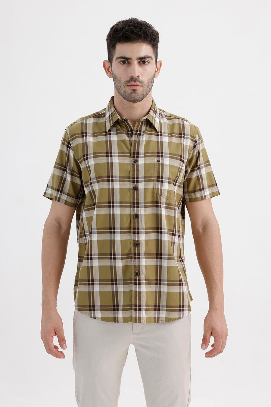 BASICS SLIM FIT ANTIQUE KHAKI COTTON HERRING BONE CHECKS HALFSLEEVES SHIRT