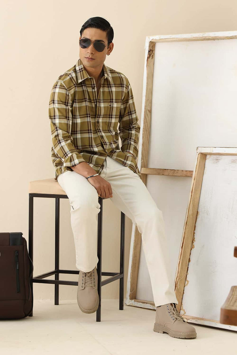 Basics Slim Fit Antique Khaki Cotton Herring Bone Checks Shirt