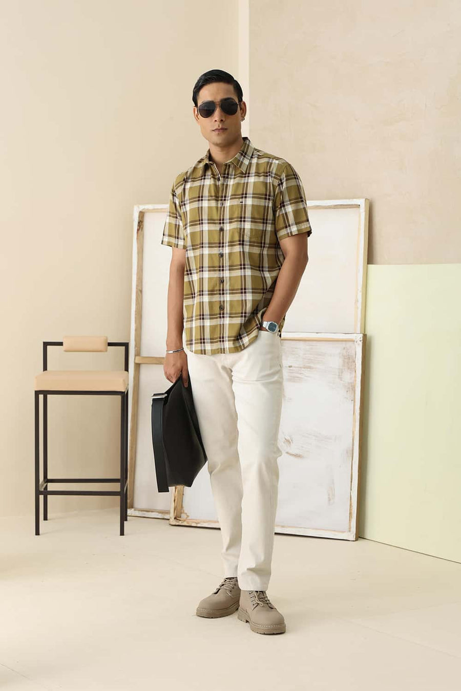 Basics Slim Fit Antique Khaki Cotton Herring Bone Checks Halfsleeves Shirt