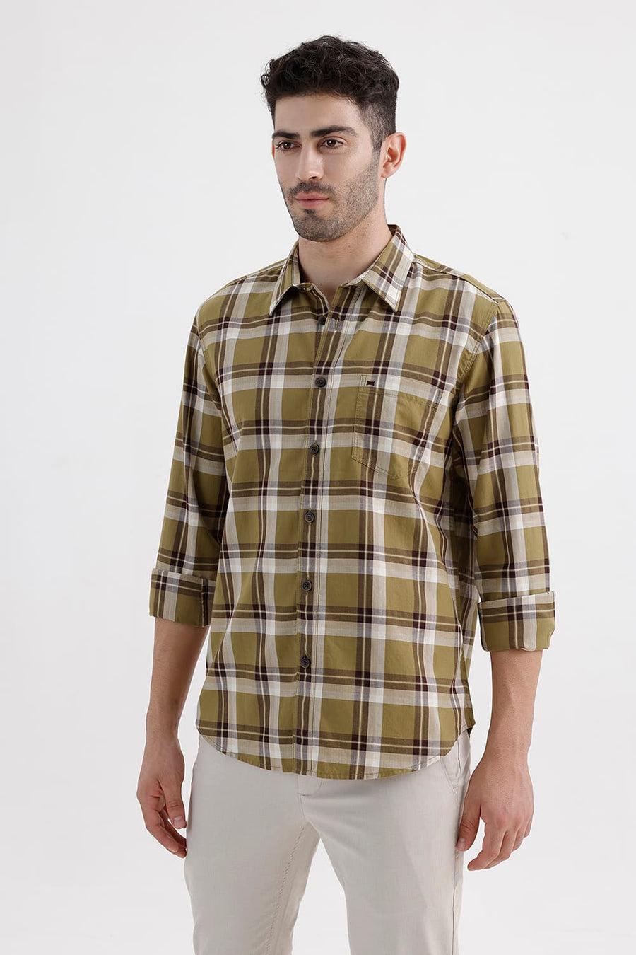 BASICS SLIM FIT ANTIQUE KHAKI COTTON HERRING BONE CHECKS SHIRT
