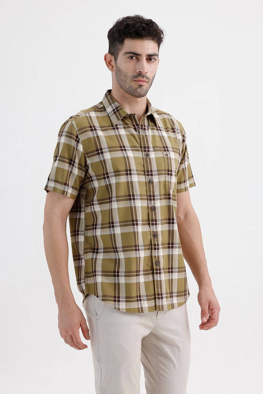 BASICS SLIM FIT ANTIQUE KHAKI COTTON HERRING BONE CHECKS HALFSLEEVES SHIRT