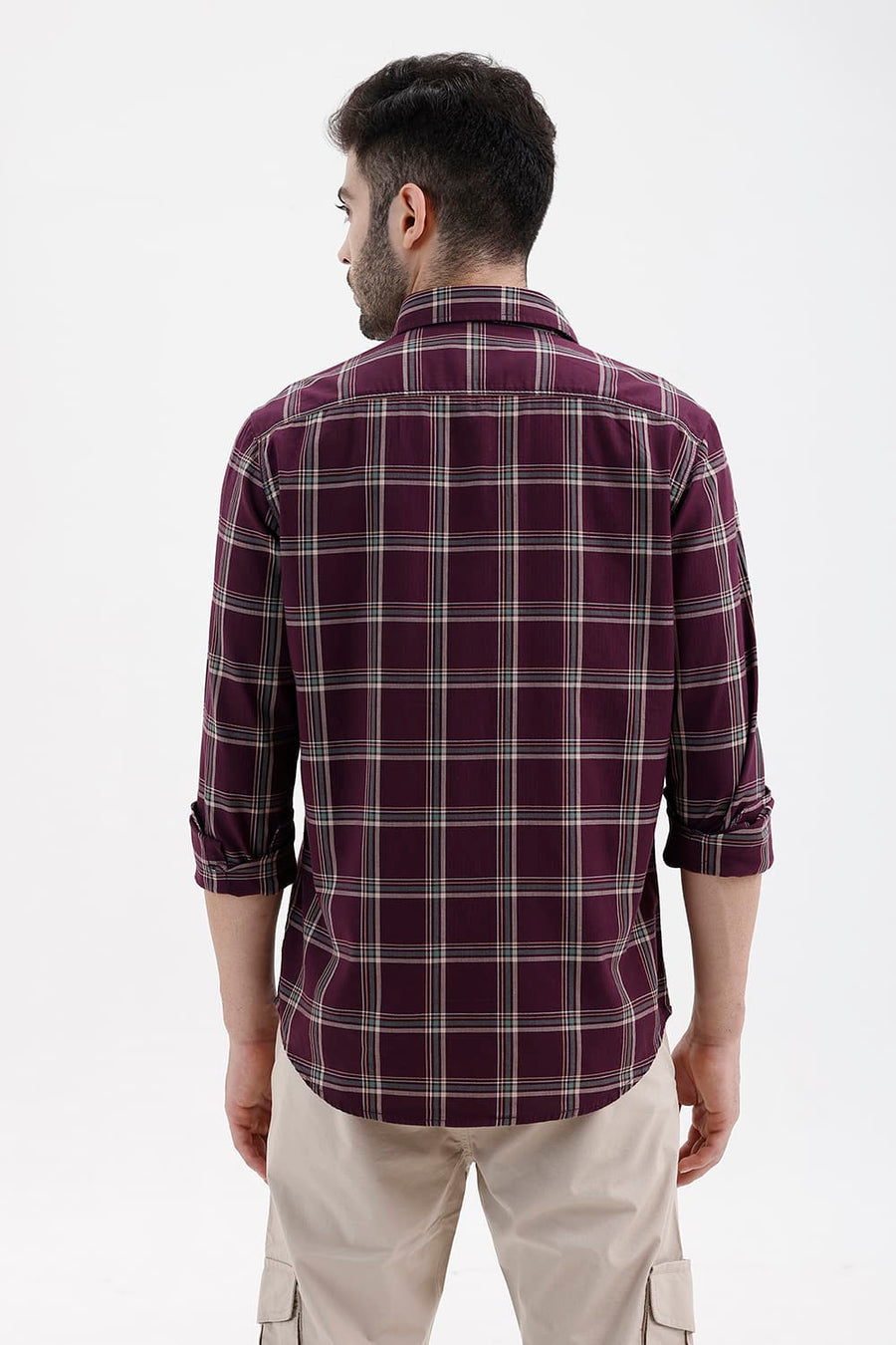 BASICS SLIM FIT MAUVE WINE COTTON HERRING BONE CHECKS SHIRT