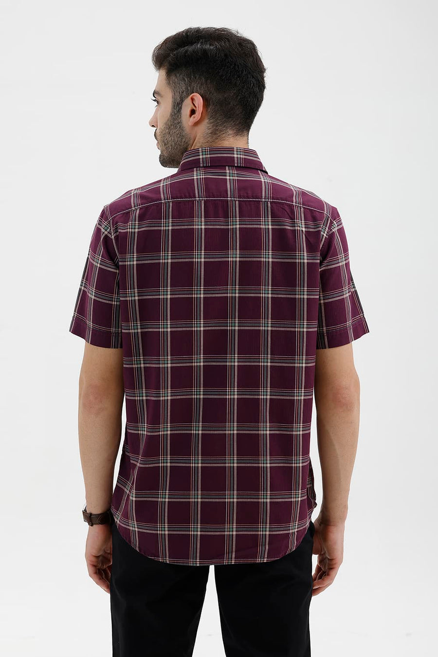 BASICS SLIM FIT MAUVE WINE COTTON HERRING BONE CHECKS HALFSLEEVES SHIRT