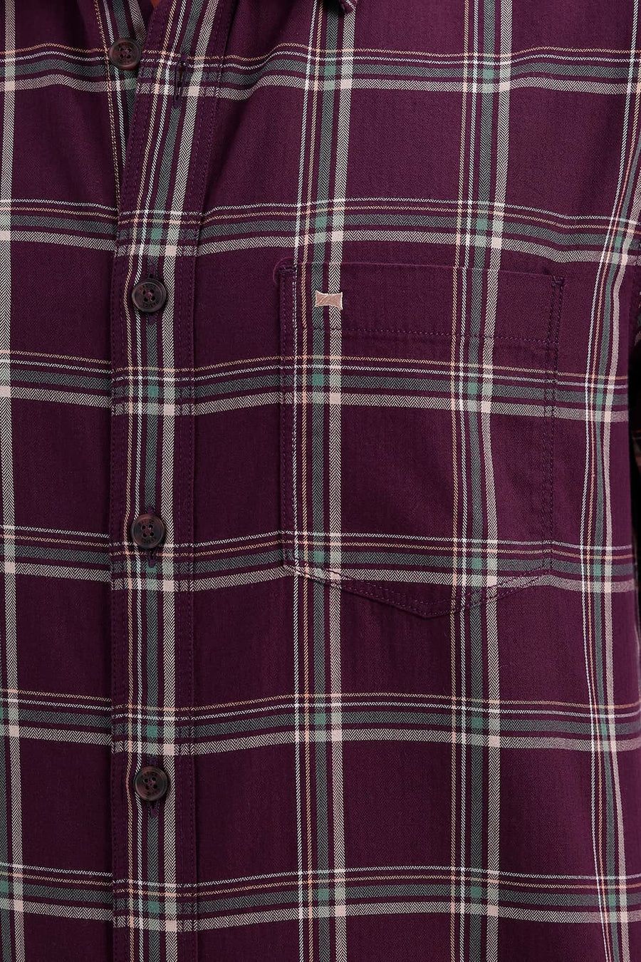 BASICS SLIM FIT MAUVE WINE COTTON HERRING BONE CHECKS SHIRT
