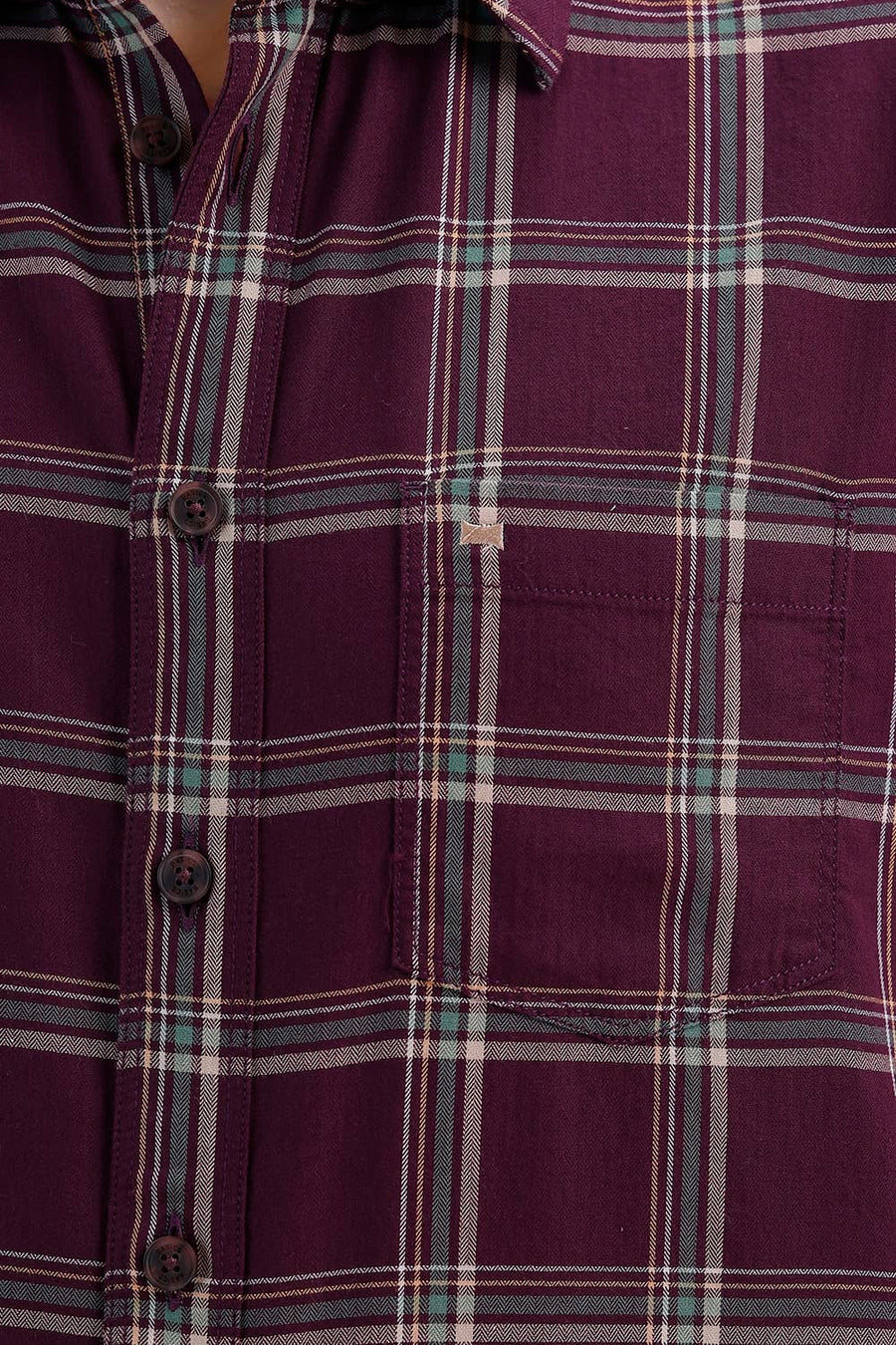 BASICS SLIM FIT MAUVE WINE COTTON HERRING BONE CHECKS HALFSLEEVES SHIRT