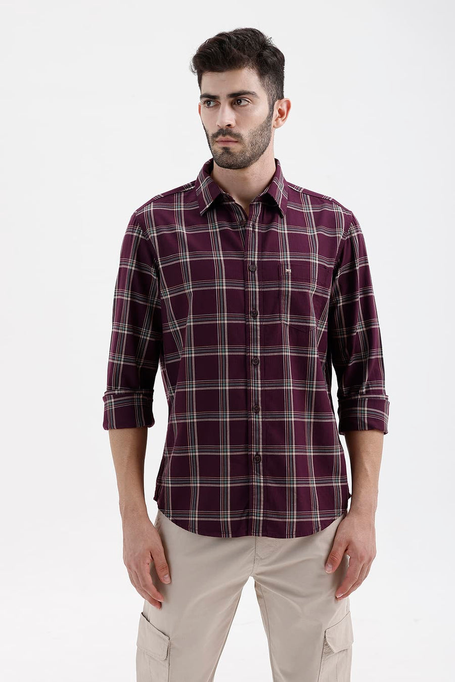 BASICS SLIM FIT MAUVE WINE COTTON HERRING BONE CHECKS SHIRT