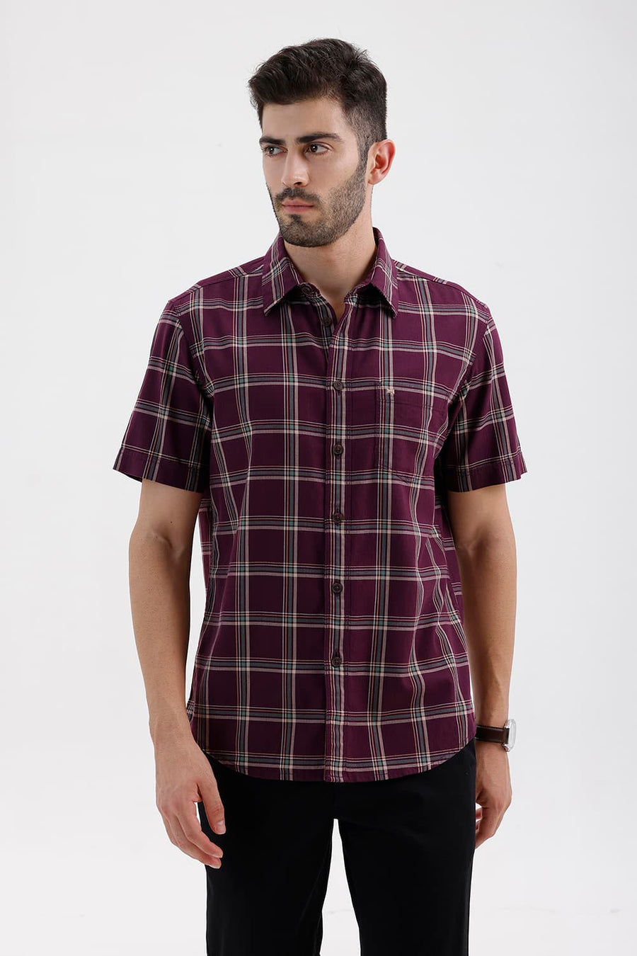 BASICS SLIM FIT MAUVE WINE COTTON HERRING BONE CHECKS HALFSLEEVES SHIRT