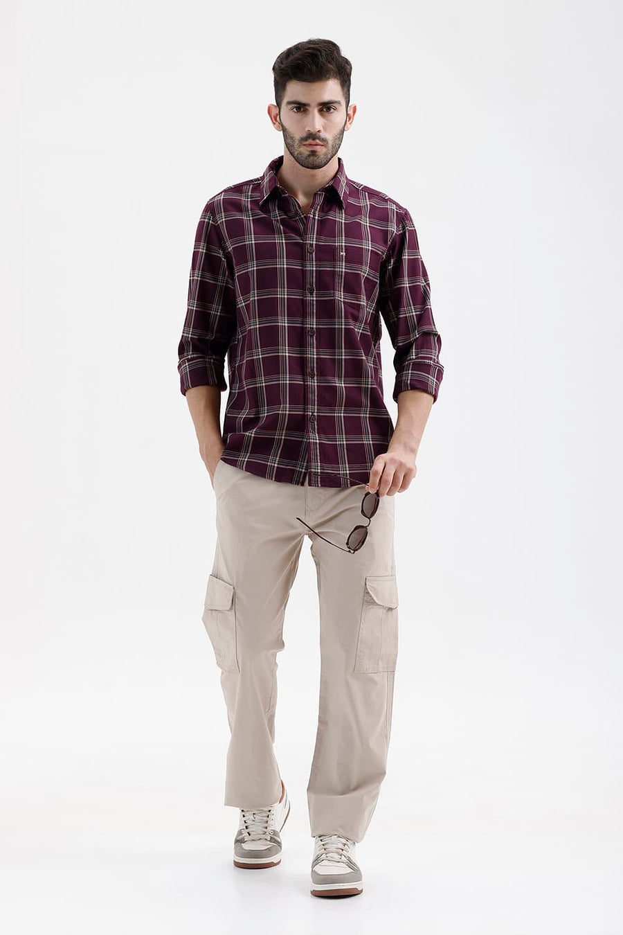 BASICS SLIM FIT MAUVE WINE COTTON HERRING BONE CHECKS SHIRT