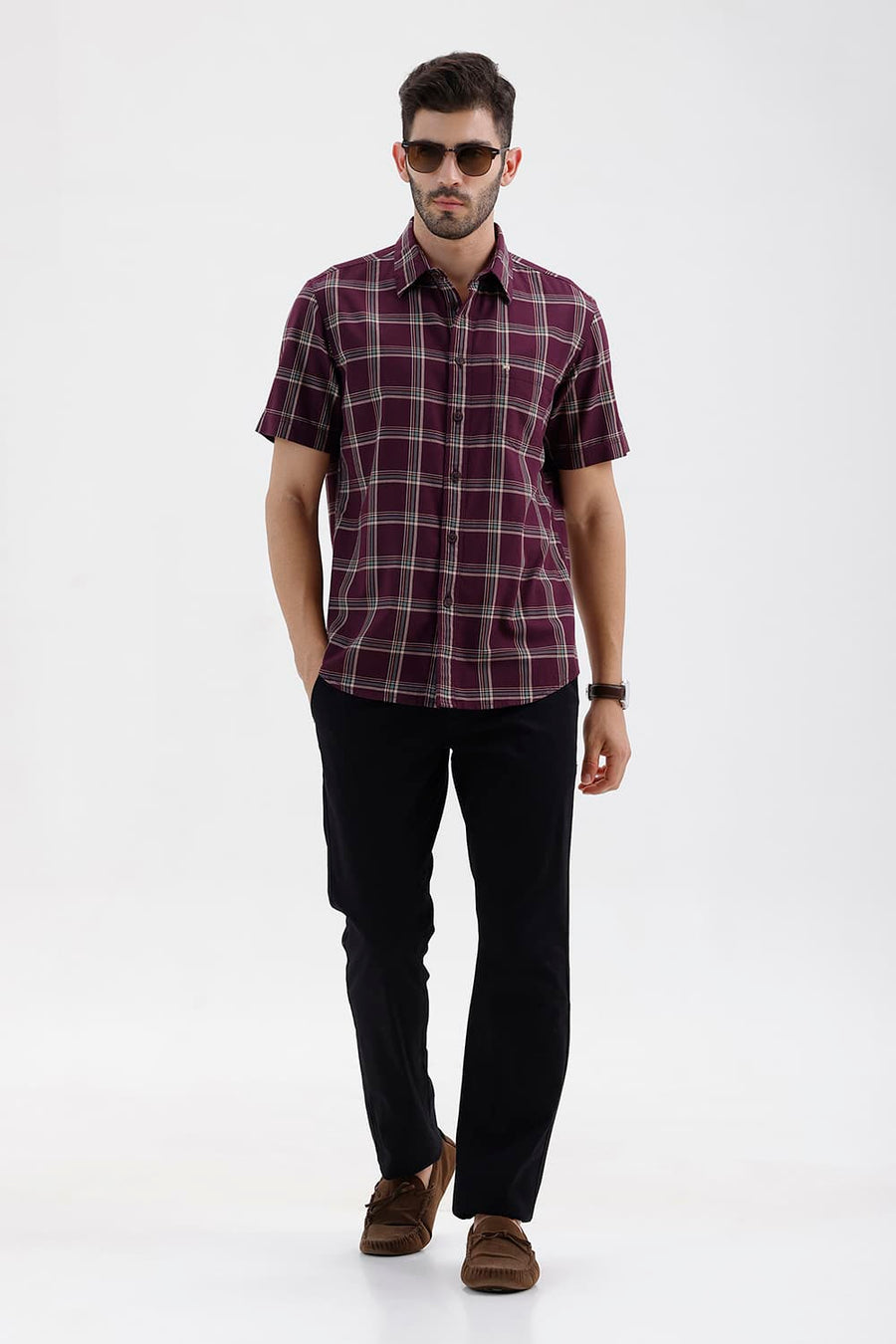 BASICS SLIM FIT MAUVE WINE COTTON HERRING BONE CHECKS HALFSLEEVES SHIRT