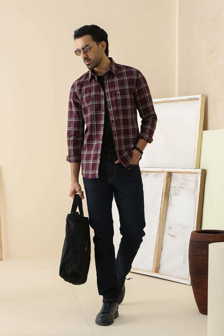 Basics Slim Fit Mauve Wine Cotton Herring Bone Checks Shirt
