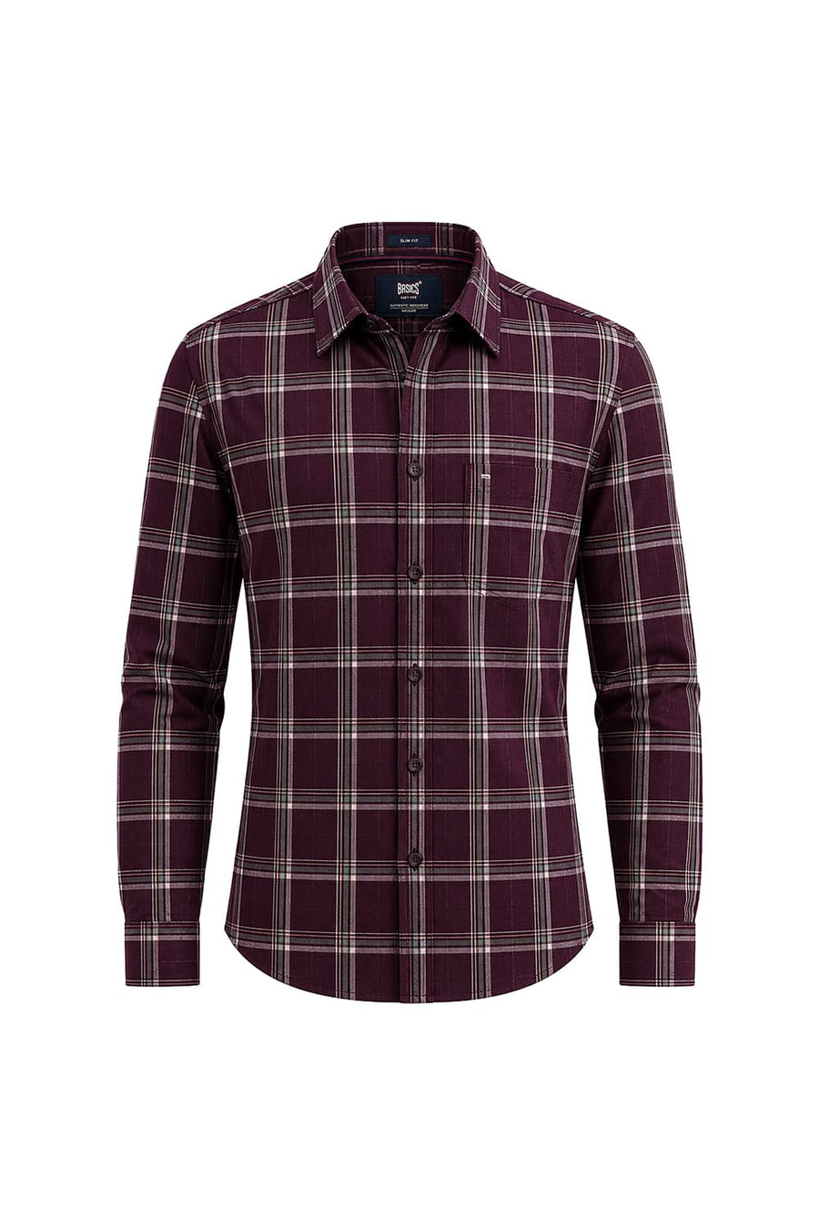 BASICS SLIM FIT MAUVE WINE COTTON HERRING BONE CHECKS SHIRT