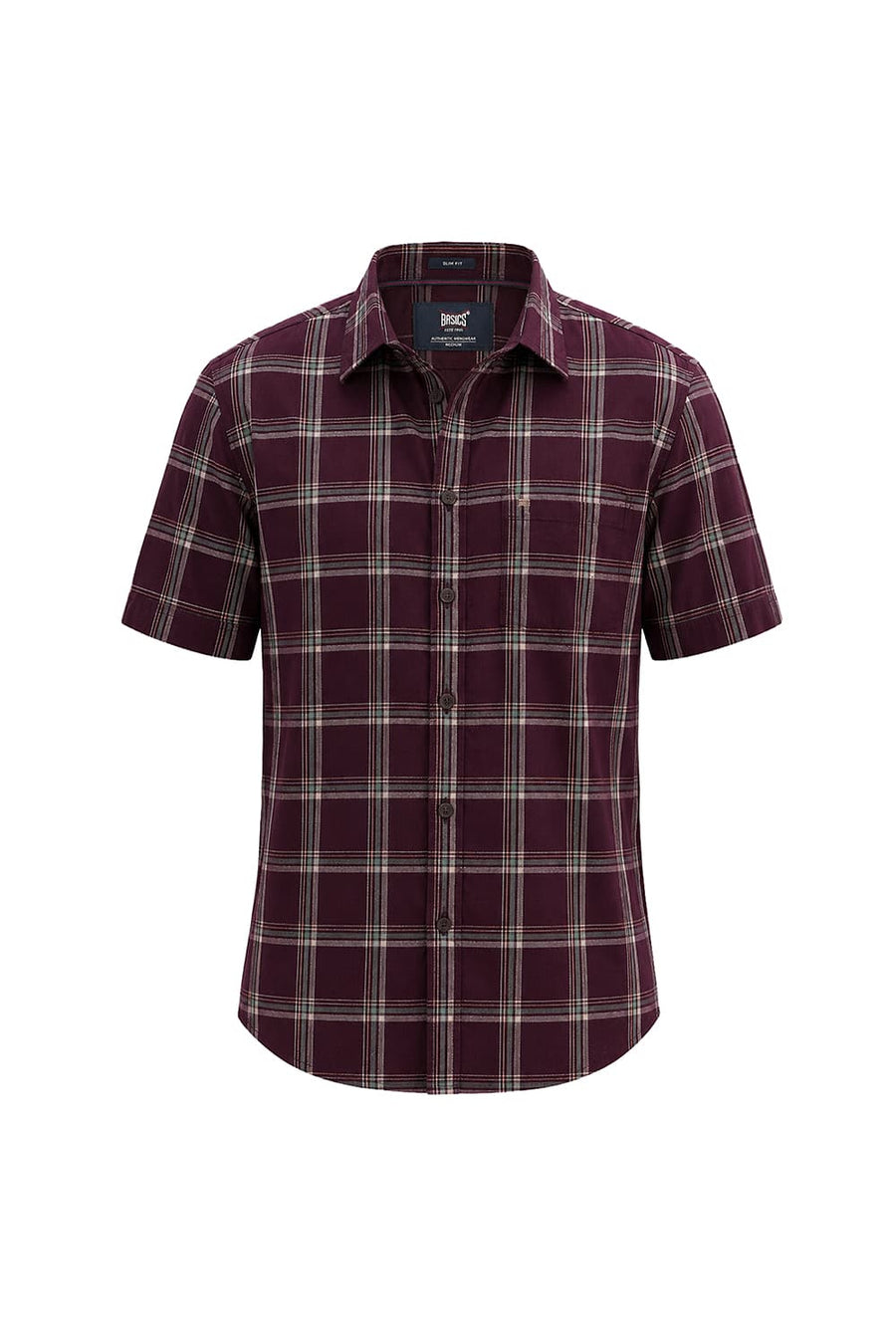 BASICS SLIM FIT MAUVE WINE COTTON HERRING BONE CHECKS HALFSLEEVES SHIRT