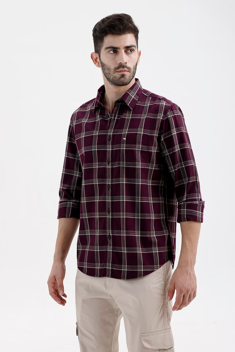 BASICS SLIM FIT MAUVE WINE COTTON HERRING BONE CHECKS SHIRT