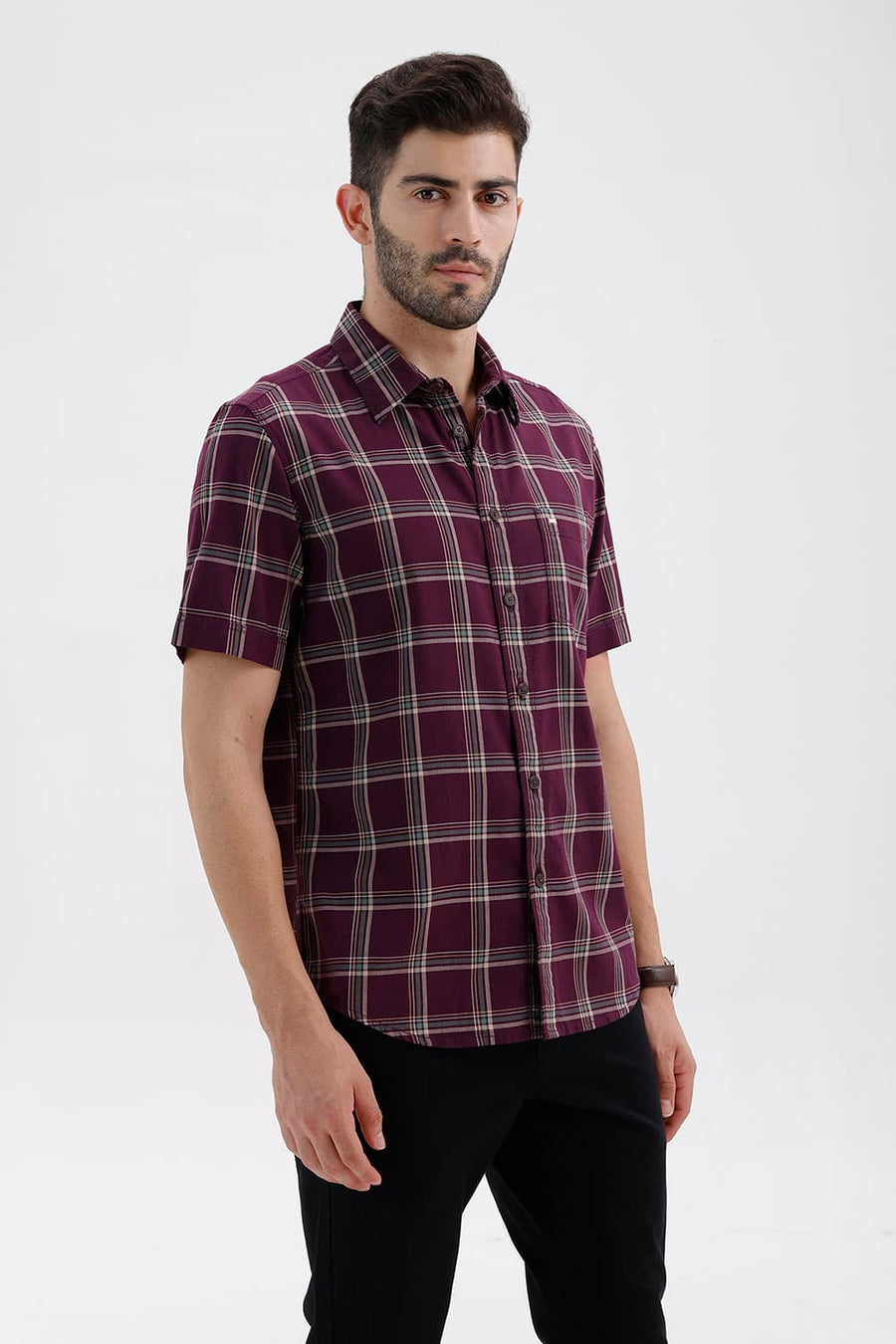 BASICS SLIM FIT MAUVE WINE COTTON HERRING BONE CHECKS HALFSLEEVES SHIRT