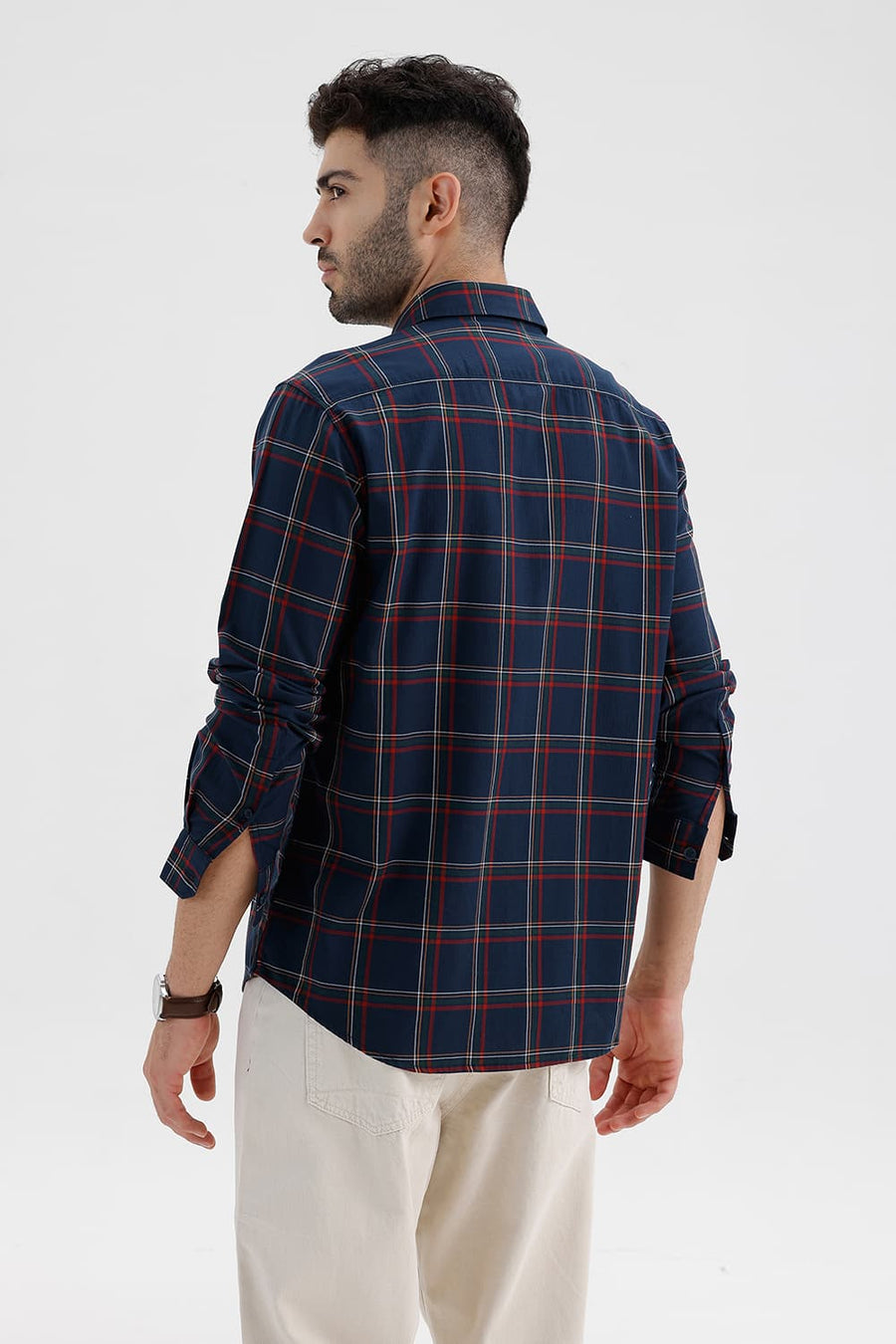 BASICS SLIM FIT MAJOLICA NAVY COTTON HERRING BONE CHECKS SHIRT
