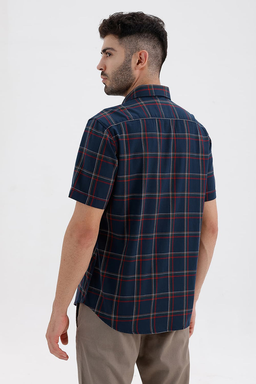 BASICS SLIM FIT MAJOLICA NAVY COTTON HERRING BONE CHECKS HALFSLEEVES SHIRT
