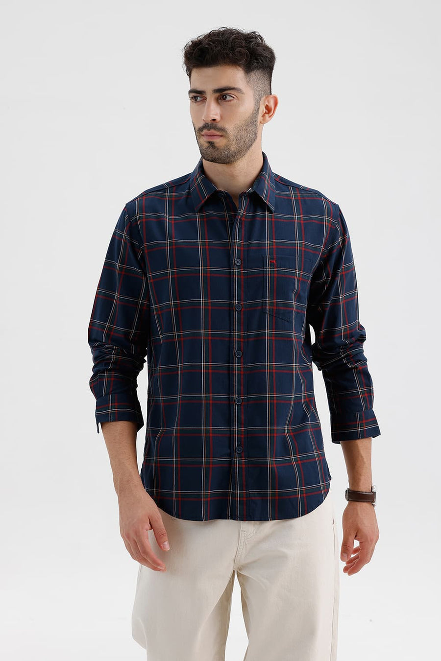 BASICS SLIM FIT MAJOLICA NAVY COTTON HERRING BONE CHECKS SHIRT
