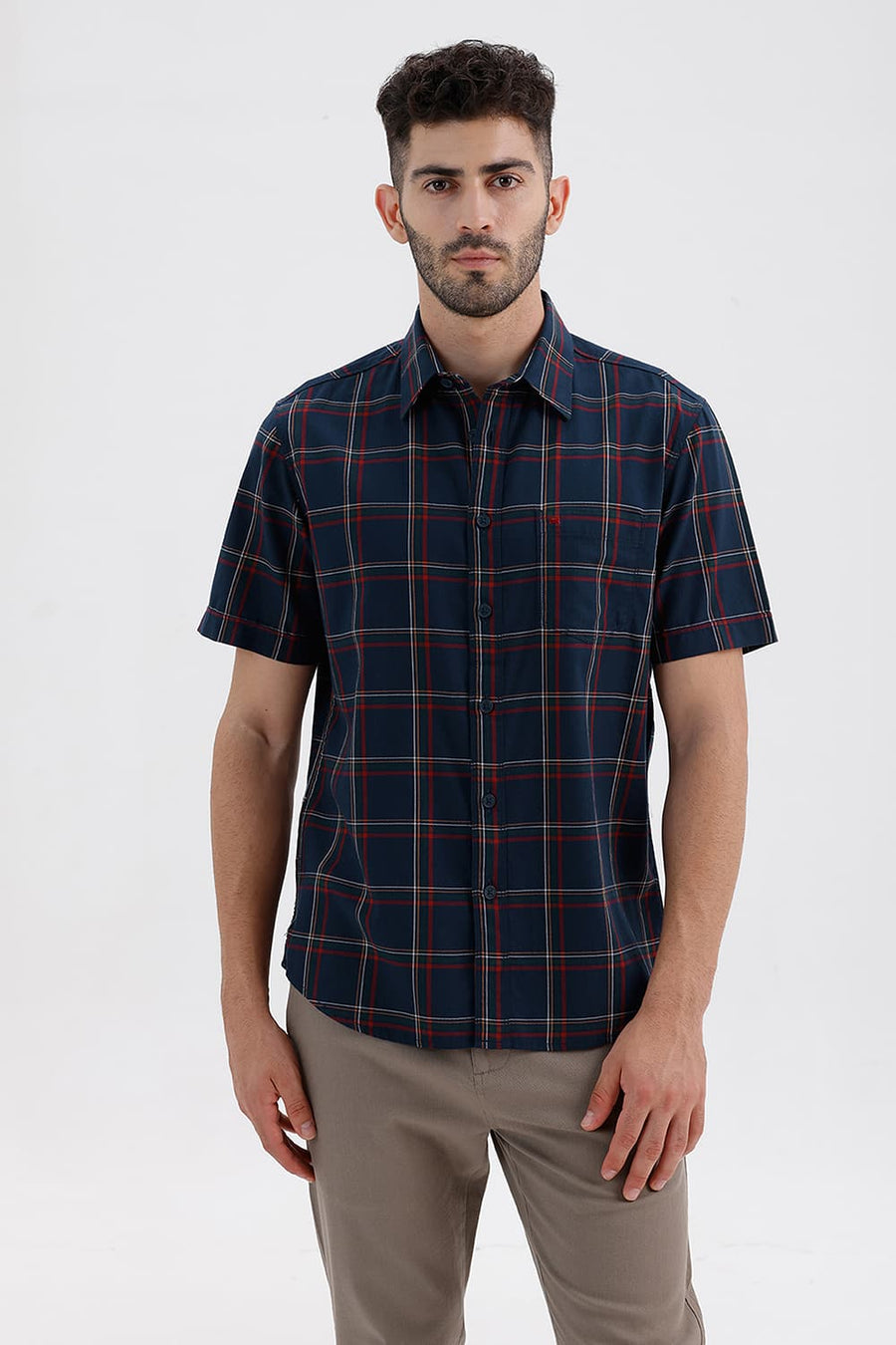 BASICS SLIM FIT MAJOLICA NAVY COTTON HERRING BONE CHECKS HALFSLEEVES SHIRT