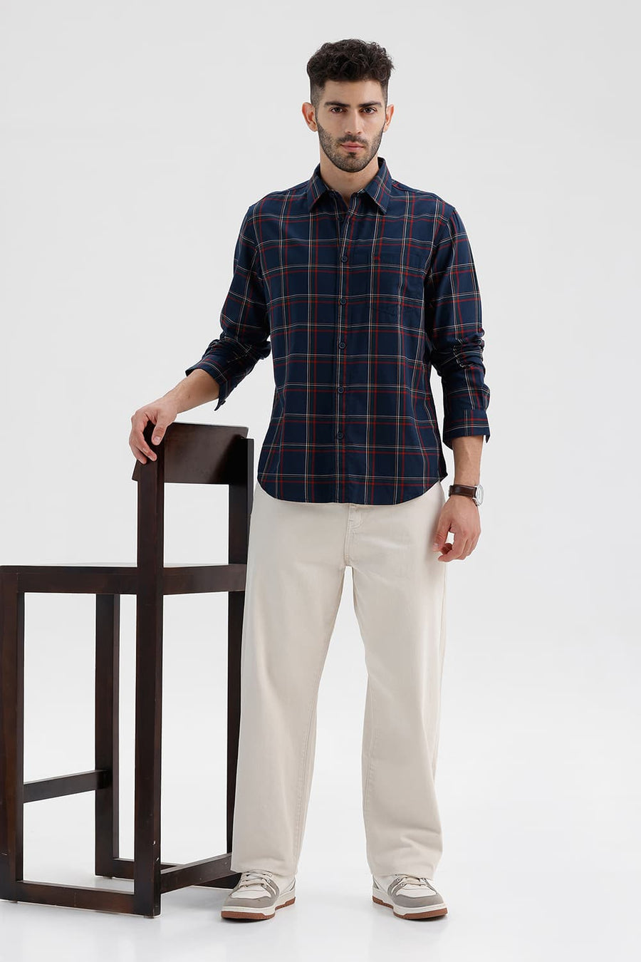 BASICS SLIM FIT MAJOLICA NAVY COTTON HERRING BONE CHECKS SHIRT