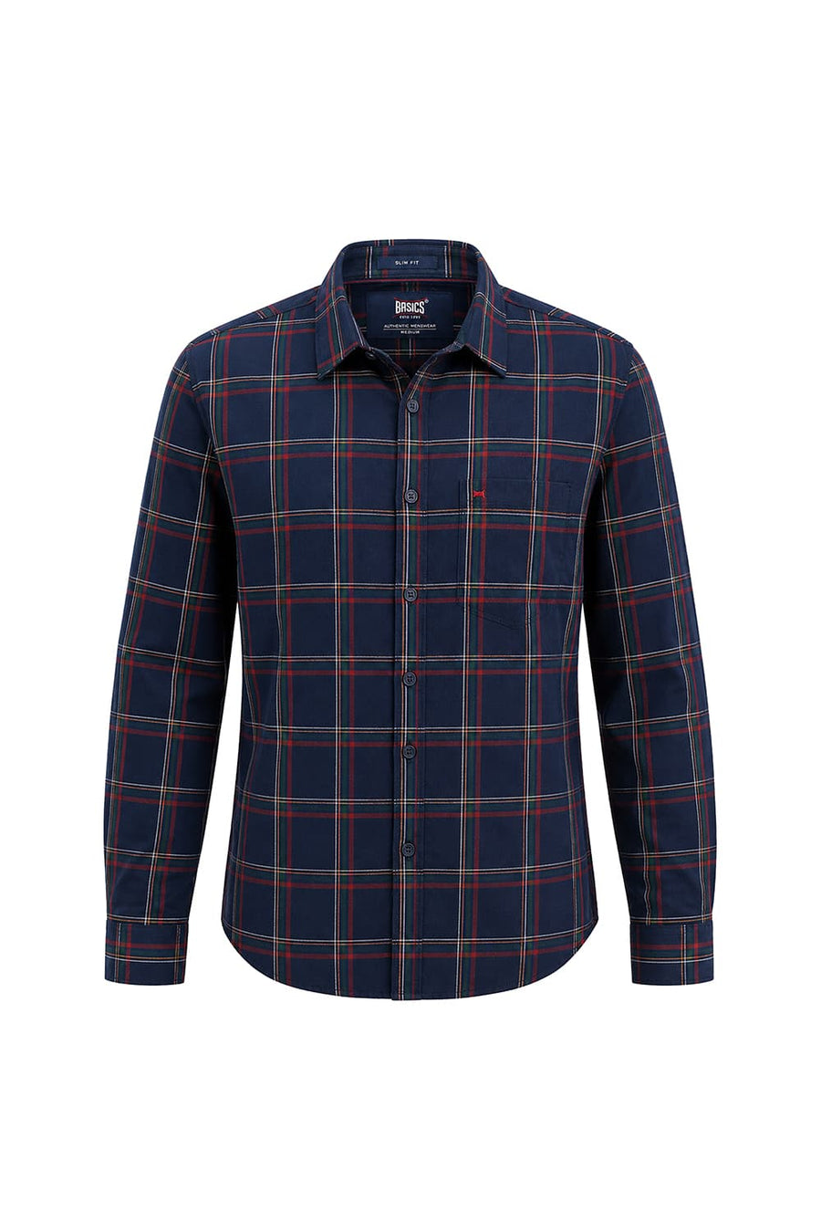 BASICS SLIM FIT MAJOLICA NAVY COTTON HERRING BONE CHECKS SHIRT